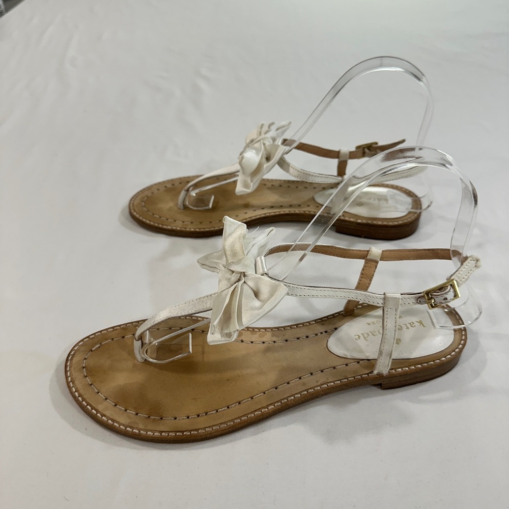 Kate Spade Sandals Womens 7.5 White‎ Leather Satin Bow Thong Ankle Strap Flat